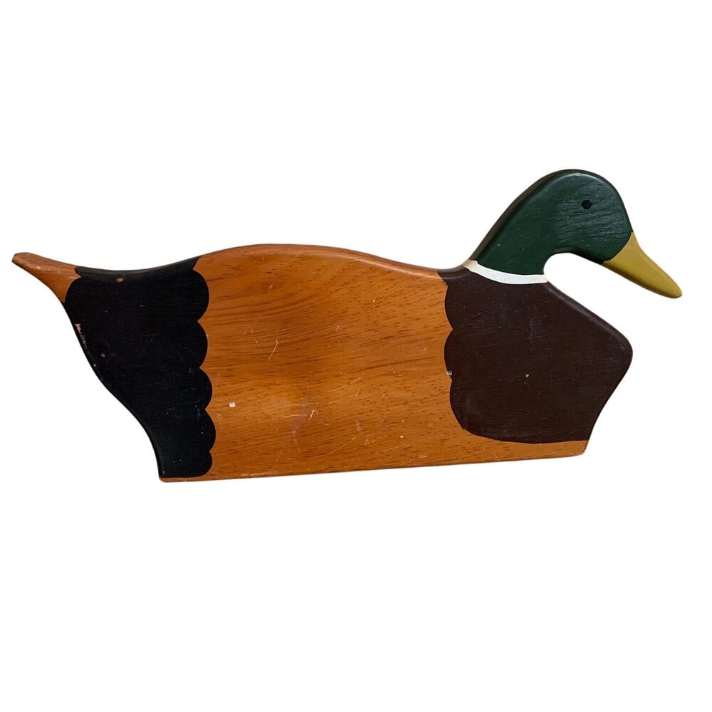 Handpainted wood mallard duck bin, table top, rustic useful, organizer Mallard